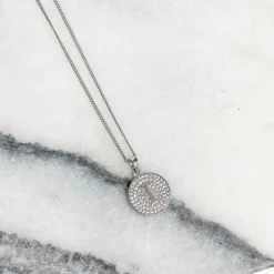 Cubic Zirconia Initial Disc Pendant Necklaces - White Gold