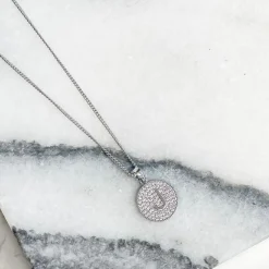 Cubic Zirconia Initial Disc Pendant Necklaces - White Gold