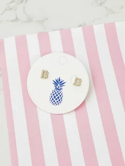 Cubic Zirconia Initial Stud Earrings - Gold