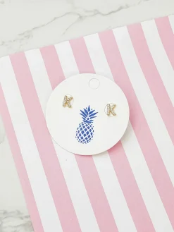 Cubic Zirconia Initial Stud Earrings - Gold