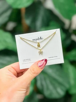 Cubic Zirconia Layered Bow Necklace - Gold