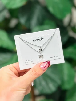 Cubic Zirconia Layered Bow Necklace - White Gold