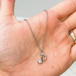 Cubic Zirconia Music Note Pendant Necklace - White Gold