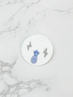 Cubic Zirconia Pave Lightning Bolt Stud Earrings - Silver