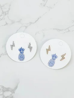 Cubic Zirconia Pave Lightning Bolt Stud Earrings - Silver