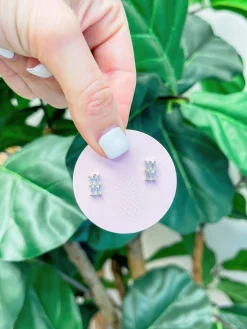 Cubic Zirconia Rectangle Cut Stud Earrings - Silver