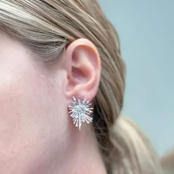 Cubic Zirconia Silver Starburst Glitzy Post Earrings