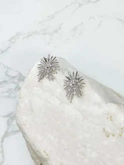 Cubic Zirconia Silver Starburst Glitzy Post Earrings