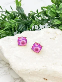 Dahlia Flower Print Crystal Stud Earrings - Purple