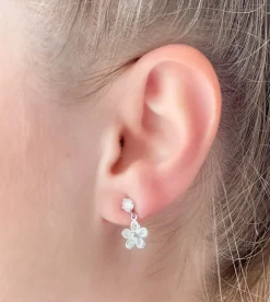 Dainty Cubic Zirconia Flower Dangle Earrings - Silver