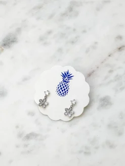 Dainty Cubic Zirconia Flower Dangle Earrings - Silver