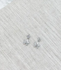 Dainty Cubic Zirconia Flower Dangle Earrings - Silver