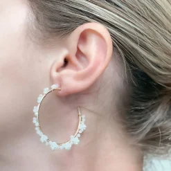 Dainty White Flower Gold Hoop Earrings
