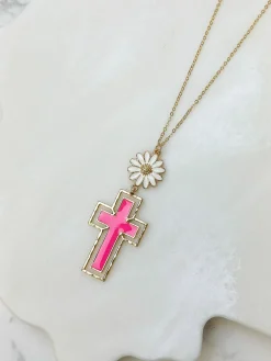Daisy Cross Pendant Necklace - Pink