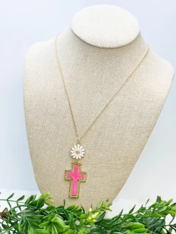 Daisy Cross Pendant Necklace - Pink