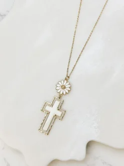 Daisy Cross Pendant Necklace - White