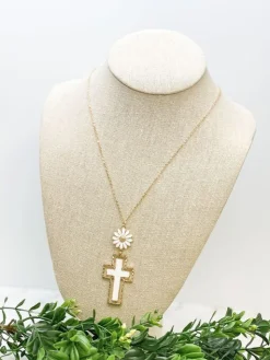 Daisy Cross Pendant Necklace - White