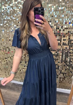 Denim V-Neck Short Sleeve Maxi Dress by Fantastic Fawn