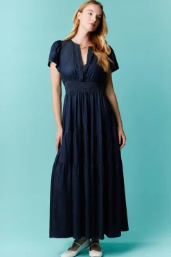 Denim V-Neck Short Sleeve Maxi Dress by Fantastic Fawn