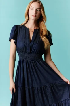 Denim V-Neck Short Sleeve Maxi Dress by Fantastic Fawn