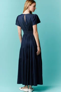 Denim V-Neck Short Sleeve Maxi Dress by Fantastic Fawn