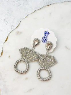 Diamond Ring Seed Bead Dangle Earrings - Silver