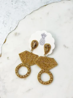 Diamond Ring Seed Bead Dangle Earrings - Gold