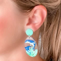 Dolphin Painted Clear Dangle Earrings