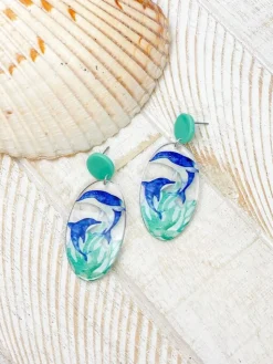 Dolphin Painted Clear Dangle Earrings