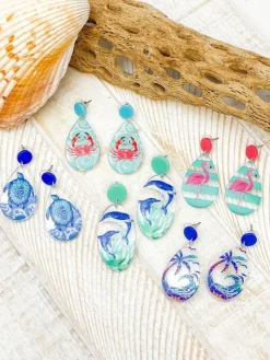 Dolphin Painted Clear Dangle Earrings