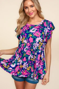 DOORBUSTER: Floral Peplum Ruffle Short Sleeve Top - Navy/Lilac
