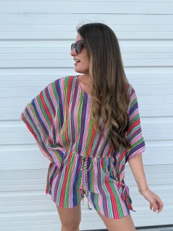 DOORBUSTER: Striped Plisse Tied-Waist Romper - Multi by Sew In Love (Ships in 2-3 Weeks)