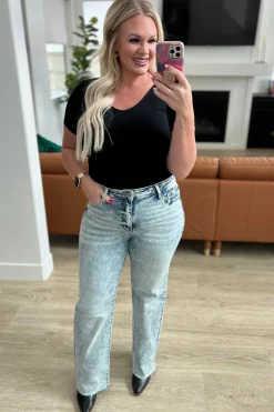 Dory High Waist Mineral Wash Raw Hem Wide Leg Jeans by Judy Blue