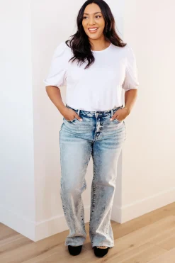 Dory High Waist Mineral Wash Raw Hem Wide Leg Jeans by Judy Blue