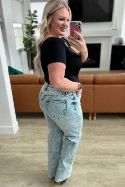 Dory High Waist Mineral Wash Raw Hem Wide Leg Jeans by Judy Blue