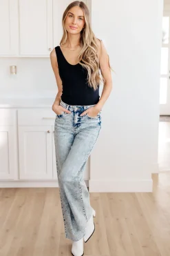 Dory High Waist Mineral Wash Raw Hem Wide Leg Jeans by Judy Blue