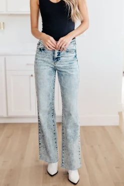 Dory High Waist Mineral Wash Raw Hem Wide Leg Jeans by Judy Blue