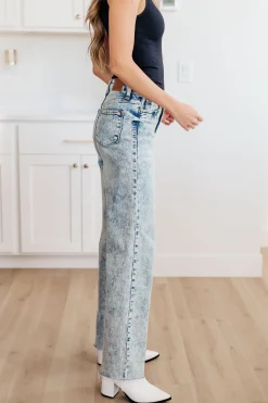 Dory High Waist Mineral Wash Raw Hem Wide Leg Jeans by Judy Blue