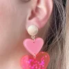 Double Heart Confetti Heart Dangle Earrings - Neon Pink
