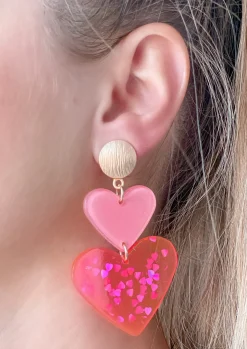 Double Heart Confetti Heart Dangle Earrings - Neon Pink