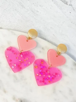 Double Heart Confetti Heart Dangle Earrings - Neon Pink
