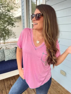 Double Patch Pocket V-Neck Tee by POL - Candy Pink