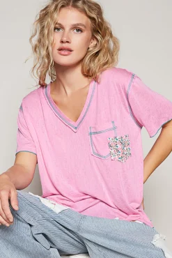 Double Patch Pocket V-Neck Tee by POL - Candy Pink