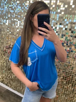 Double Patch Pocket V-Neck Tee by POL - Ultramarine