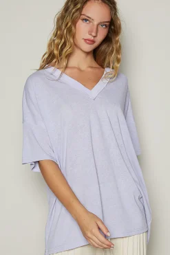 Drop Shoulder V-Neck Basic Tee by POL - Lilac