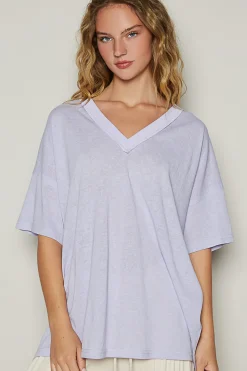 Drop Shoulder V-Neck Basic Tee by POL - Lilac