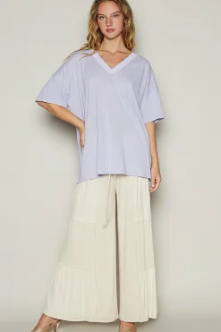 Drop Shoulder V-Neck Basic Tee by POL - Lilac