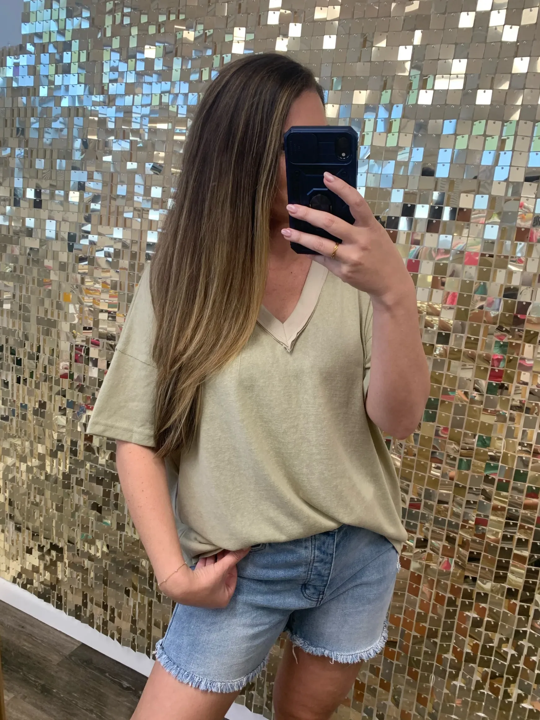 Drop Shoulder V-Neck Basic Tee by POL - Latte