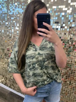 Drop Shoulder V-Neck Basic Tee by POL - Camo