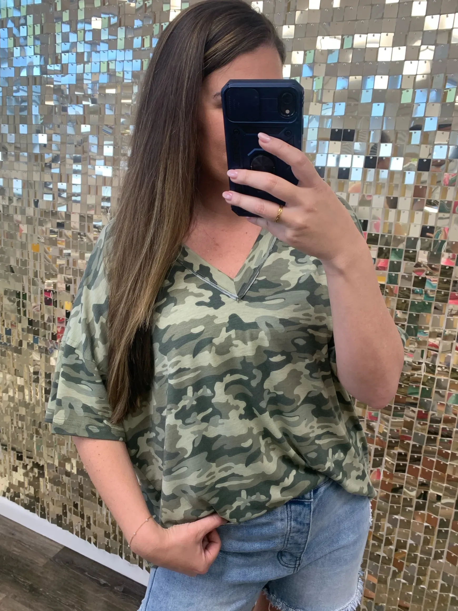 Drop Shoulder V-Neck Basic Tee by POL - Camo